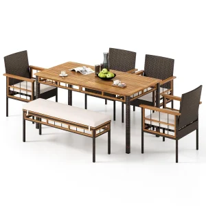 Tangkula 6 Pieces Patio Dining Table Set with 1.97&rdquo; Umbrella Hole & Cushioned Backless Bench & 4 Armchairs