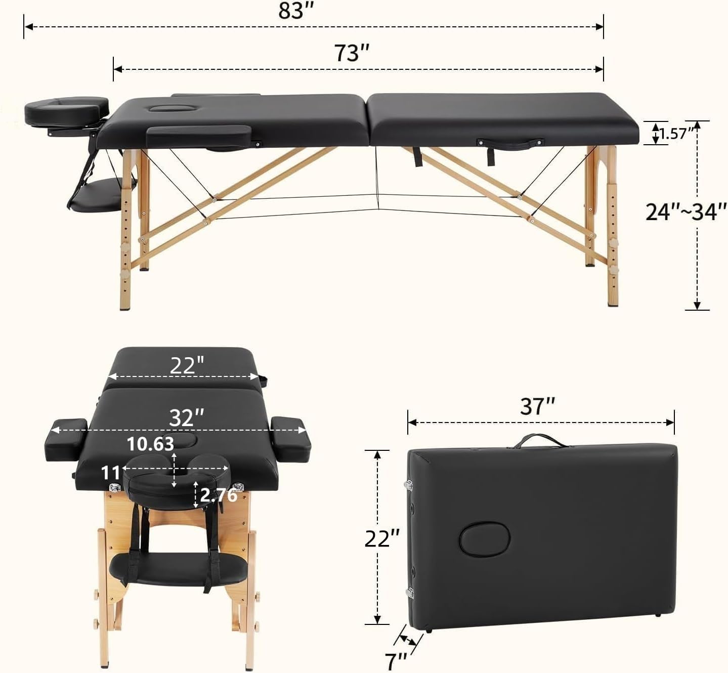BestMassage Massage Bed Portable Folding Massage Table 22" Wide,Black | 2-Fold Lash Bed Height-Adjustable with Carry Bag, 450lbs Capacity For Massage, Facial, Tattoo, Home, Spa - Image 2