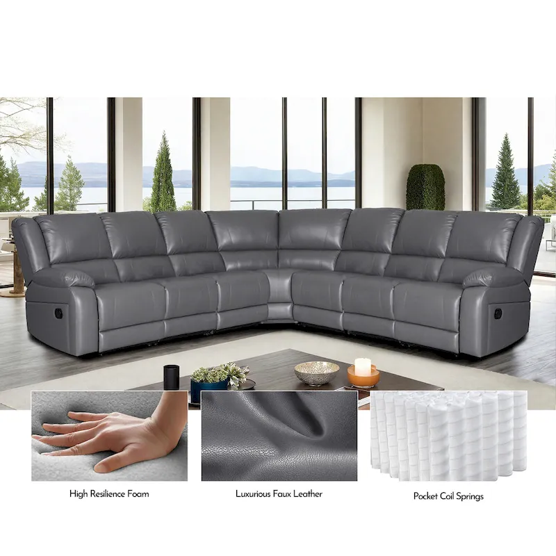 129W 7-Seat Faux Leather Manual Reclining Large Sectional Sofa - Image 15