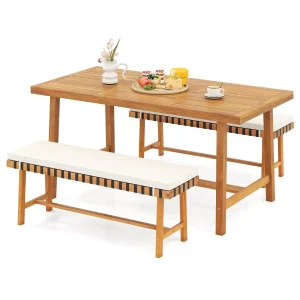 Tangkula 3 Piece Patio Dining Set 63&rdquo; Outdoor Acacia Wood Rectangular Table with 2 Cushioned Bench