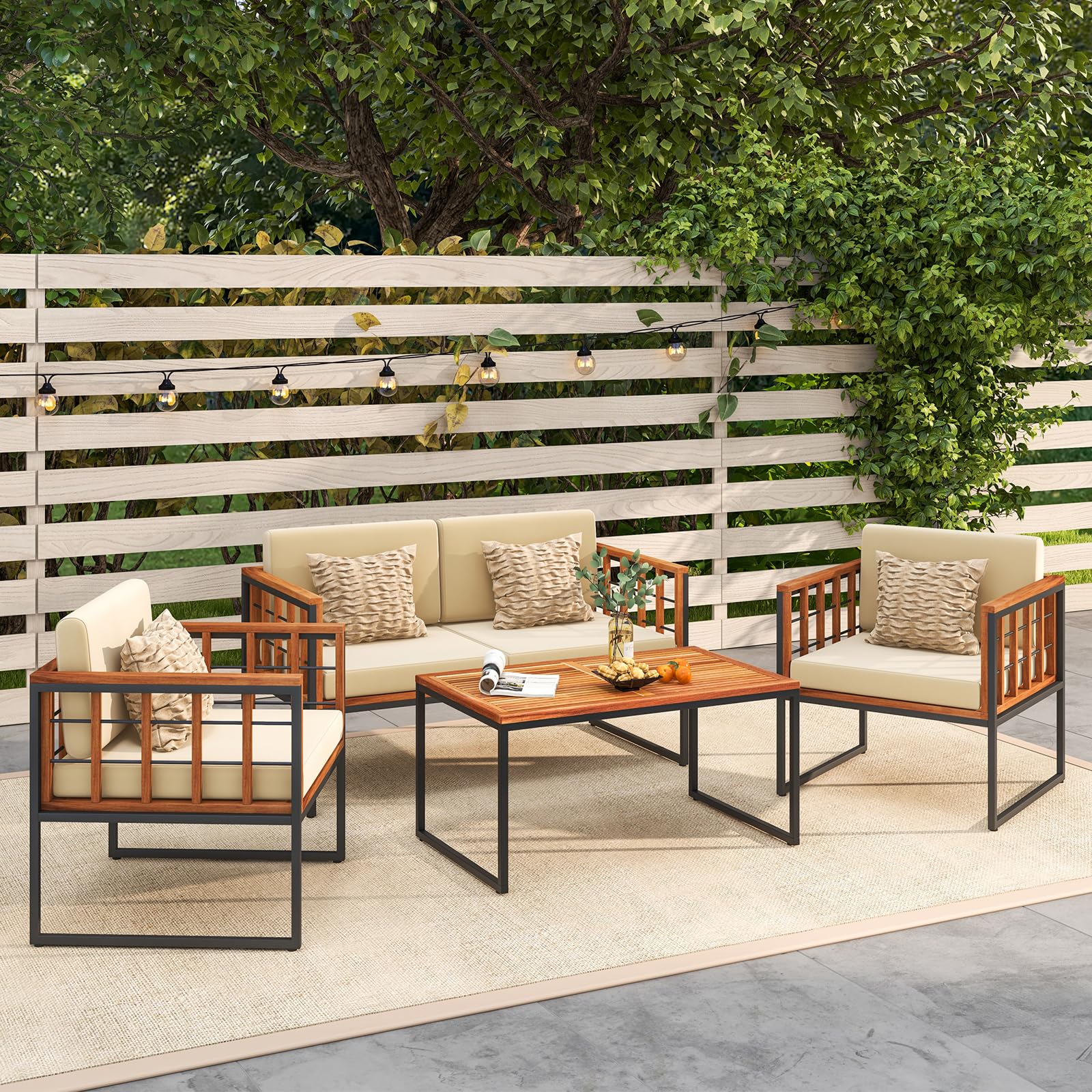 Tangkula Acacia Wood Outdoor Sofa Set, 4 Pieces Outdoor Furniture Set with Heavy Duty Metal Frame - Image 3