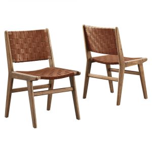 Modway  Saoirse Leather Wood Dining Side Chair Set of 2 in Walnut Brown