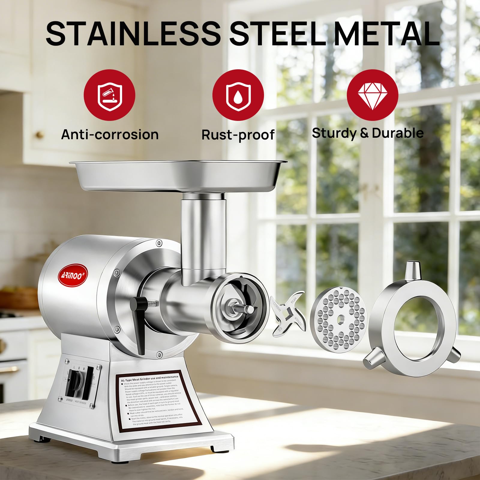 Commercial Meat Grinder #22C,1.0HP Electric Meat Grinder Heavy Duty Meat Mincer Machine for Venison,Beef,Stainless Steel Sausage Maker for Home Butchering or Small Farm Processing - Image 3