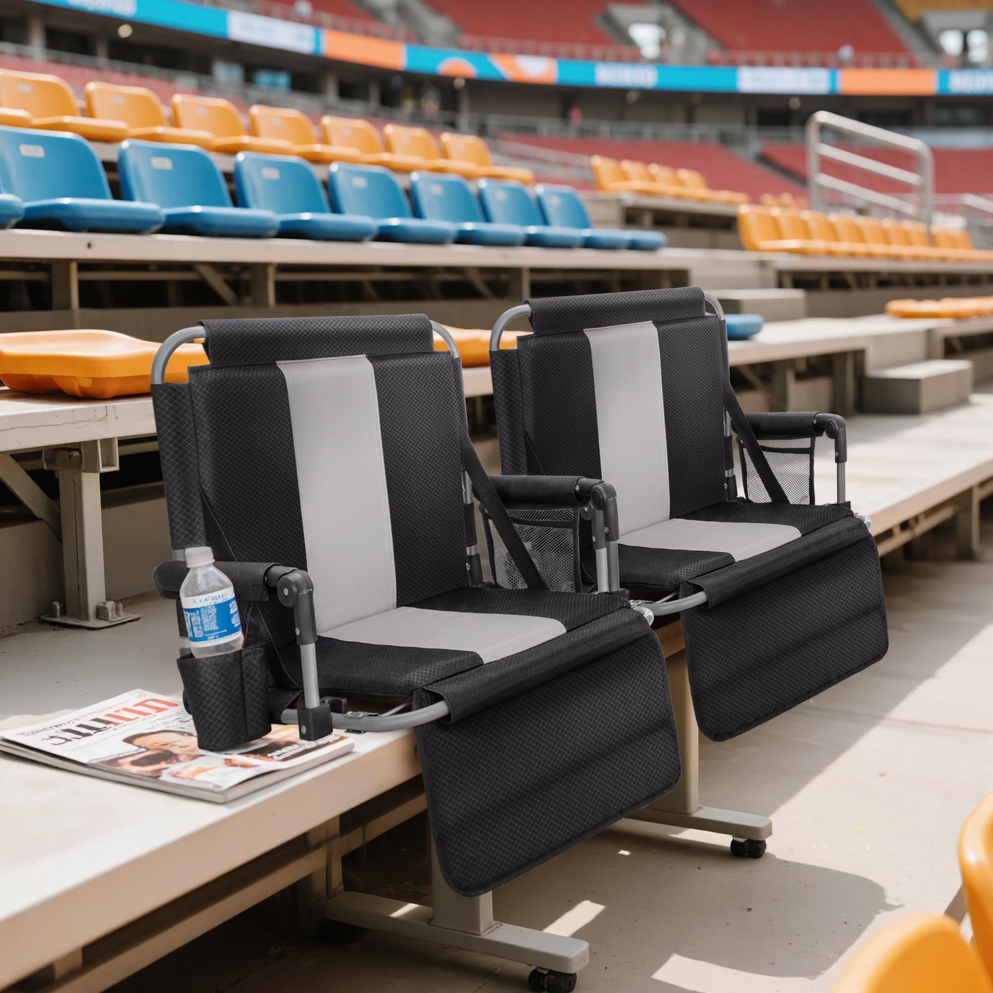 LET'S CAMP 2 Pack Folding Stadium Seats, Portable Bleacher Chairs with Comfortable Cushions, Cup Holder and Mesh Bag, Perfect for Sports Games and Outdoor Activities - Image 2