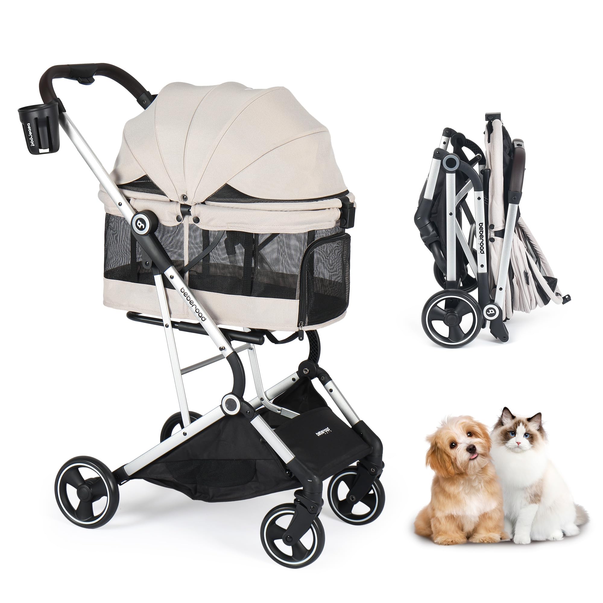 Beberoad Dog Stroller T4 PRO for Small Medium Dogs 4 Wheels Aluminum Alloy Frame, All-Terrain Wheels, One Hand Fold Stroller, Lightweight Roomy Cabin