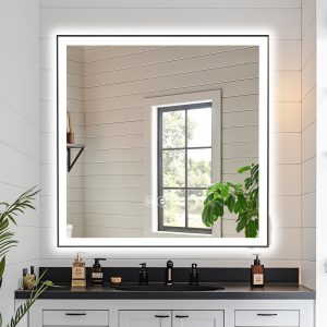 WELLFOR 36-in x 36-in Framed Square Dimmable LED Lighted Fog Free Bathroom Vanity Mirror ( Black )