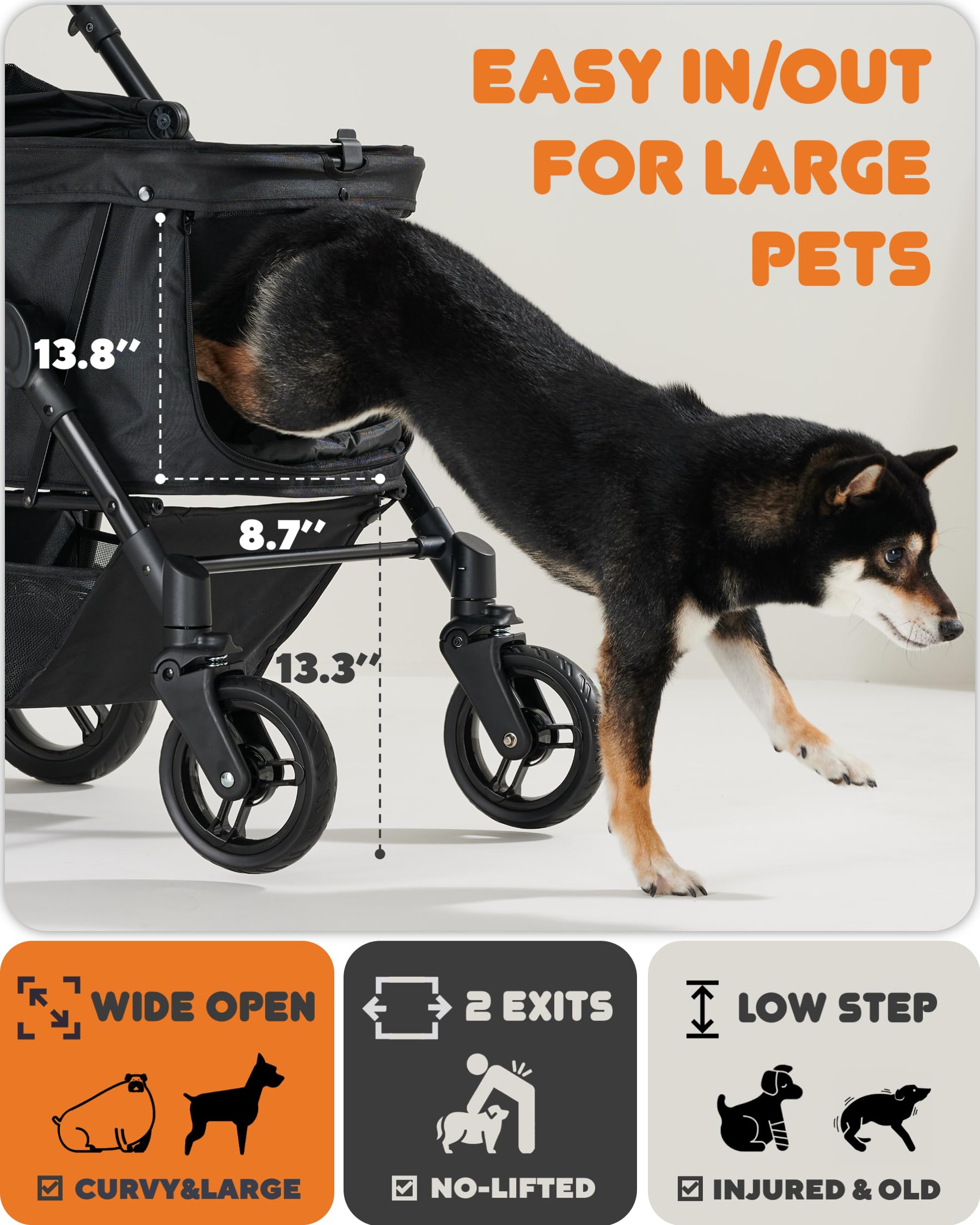 Zoosky Medium Dog Stroller for Large Dogs, Pet Stroller, Up to 66lbs All-Terrain 360° Swivel Wheels & Adjustable Handle & 180° Dual-Open Canopy, Sun Shades, Storage Organizer, Waterproof Oxford - Image 3