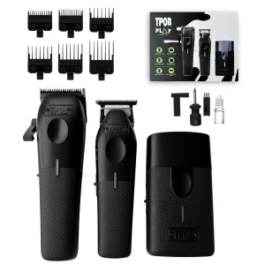 TPOB Play Professional Hair Clippers Trimmer and Shaver Set for Men &mdash; 7500 RPM Barber Clipper, Precision Trimmer & Foil Shaver, Cordless Rechargeable 3-Piece Kit with Rubber Grips (Blackout 3 Set)