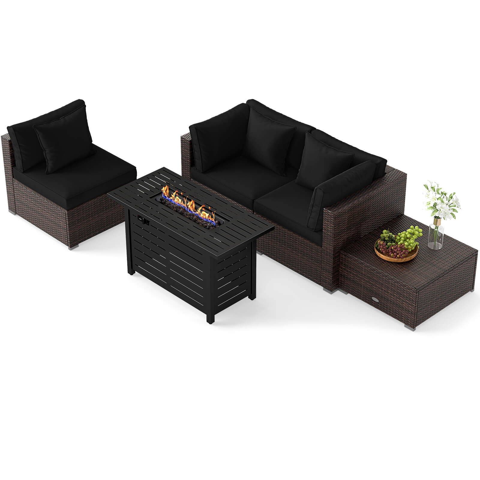 Costway 5 PCS Patio Furniture Set Heavy-duty Frame Rattan Sofa Set with 60000 BTU Firepit Table Black - Image 2