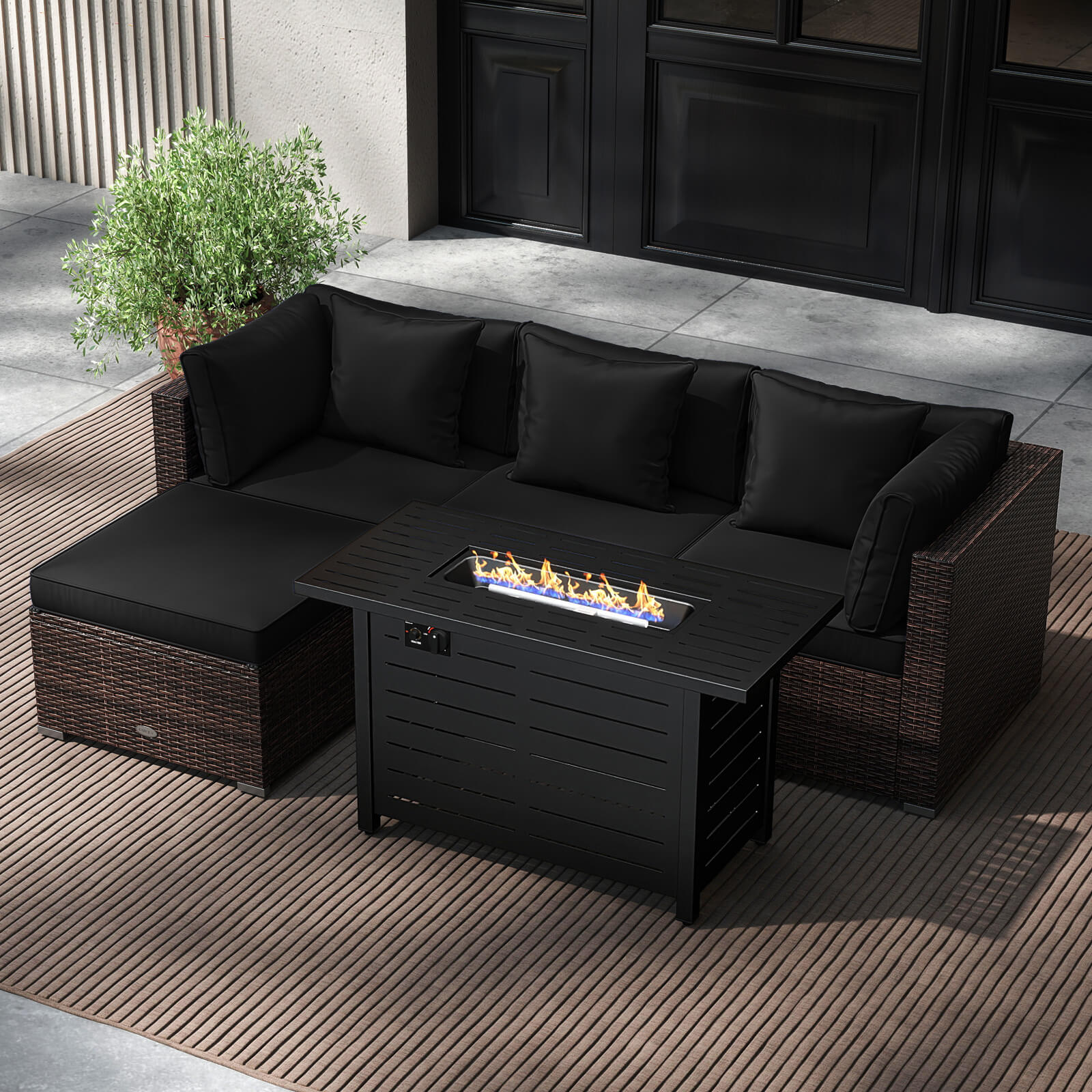 Costway 5 PCS Patio Furniture Set Heavy-duty Frame Rattan Sofa Set with 60000 BTU Firepit Table Black