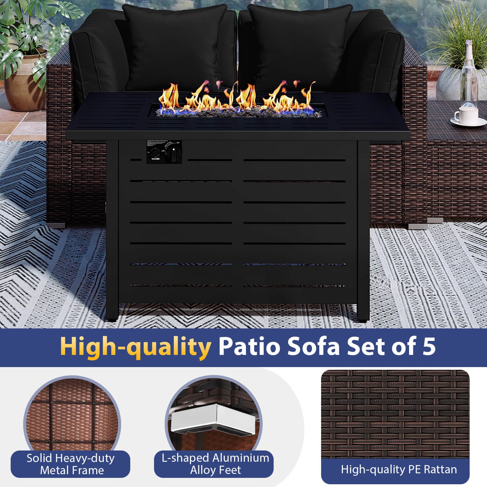 Costway 5 PCS Patio Furniture Set Heavy-duty Frame Rattan Sofa Set with 60000 BTU Firepit Table Black - Image 7