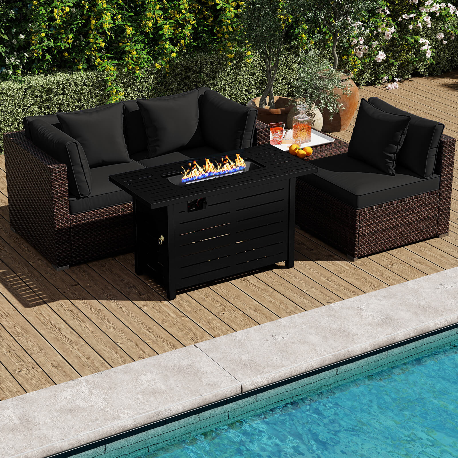 Costway 5 PCS Patio Furniture Set Heavy-duty Frame Rattan Sofa Set with 60000 BTU Firepit Table Black - Image 5