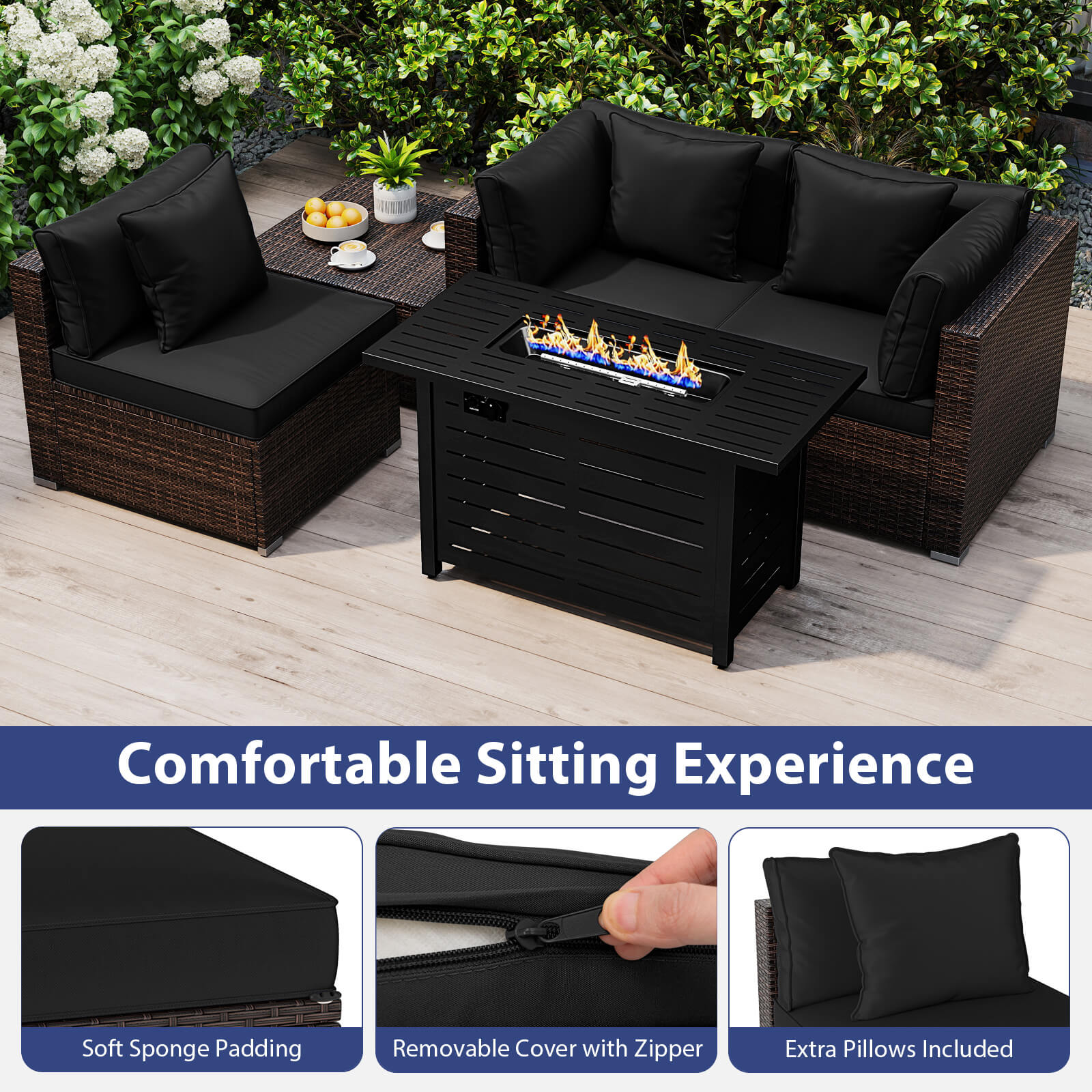 Costway 5 PCS Patio Furniture Set Heavy-duty Frame Rattan Sofa Set with 60000 BTU Firepit Table Black - Image 6