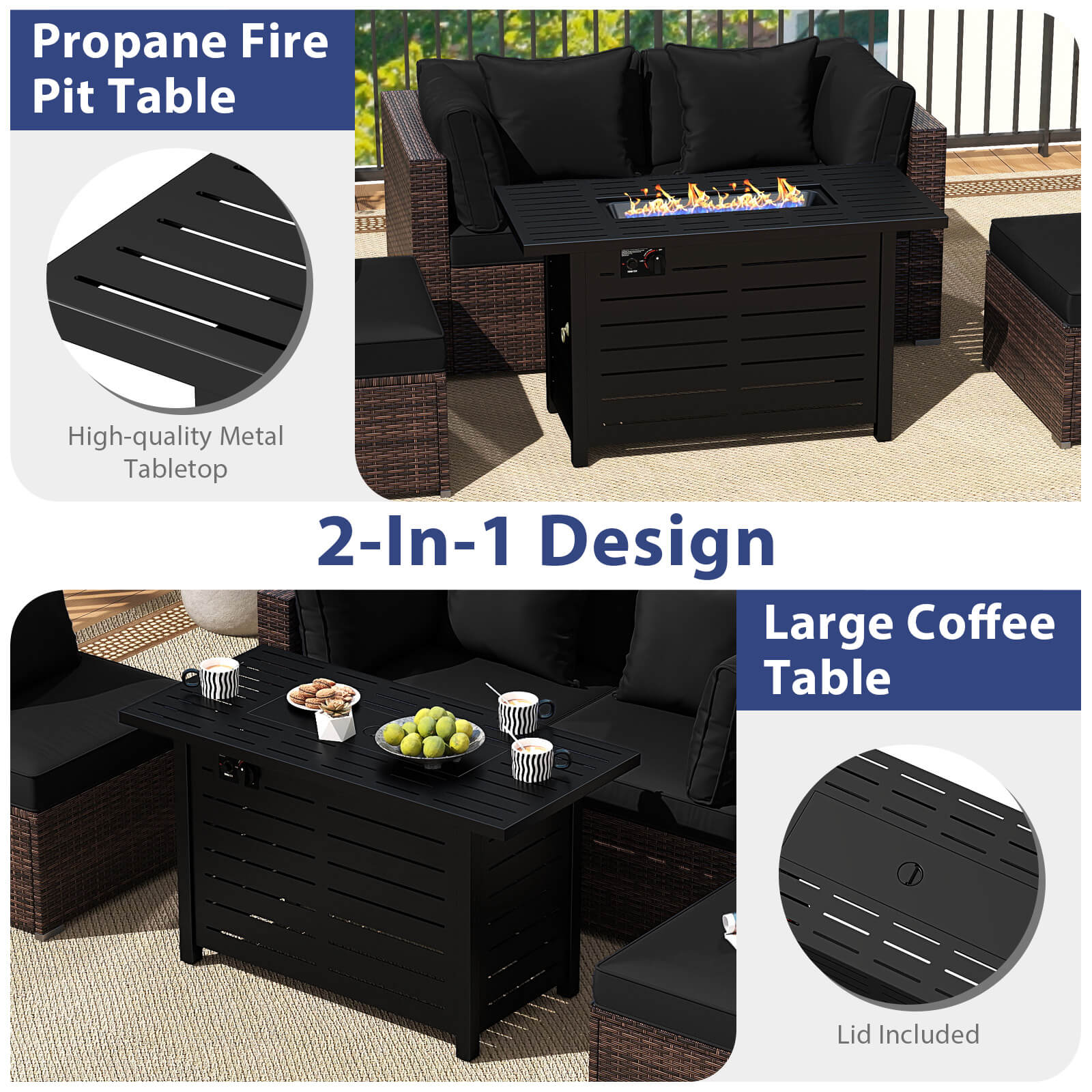 Costway 5 PCS Patio Furniture Set Heavy-duty Frame Rattan Sofa Set with 60000 BTU Firepit Table Black - Image 10