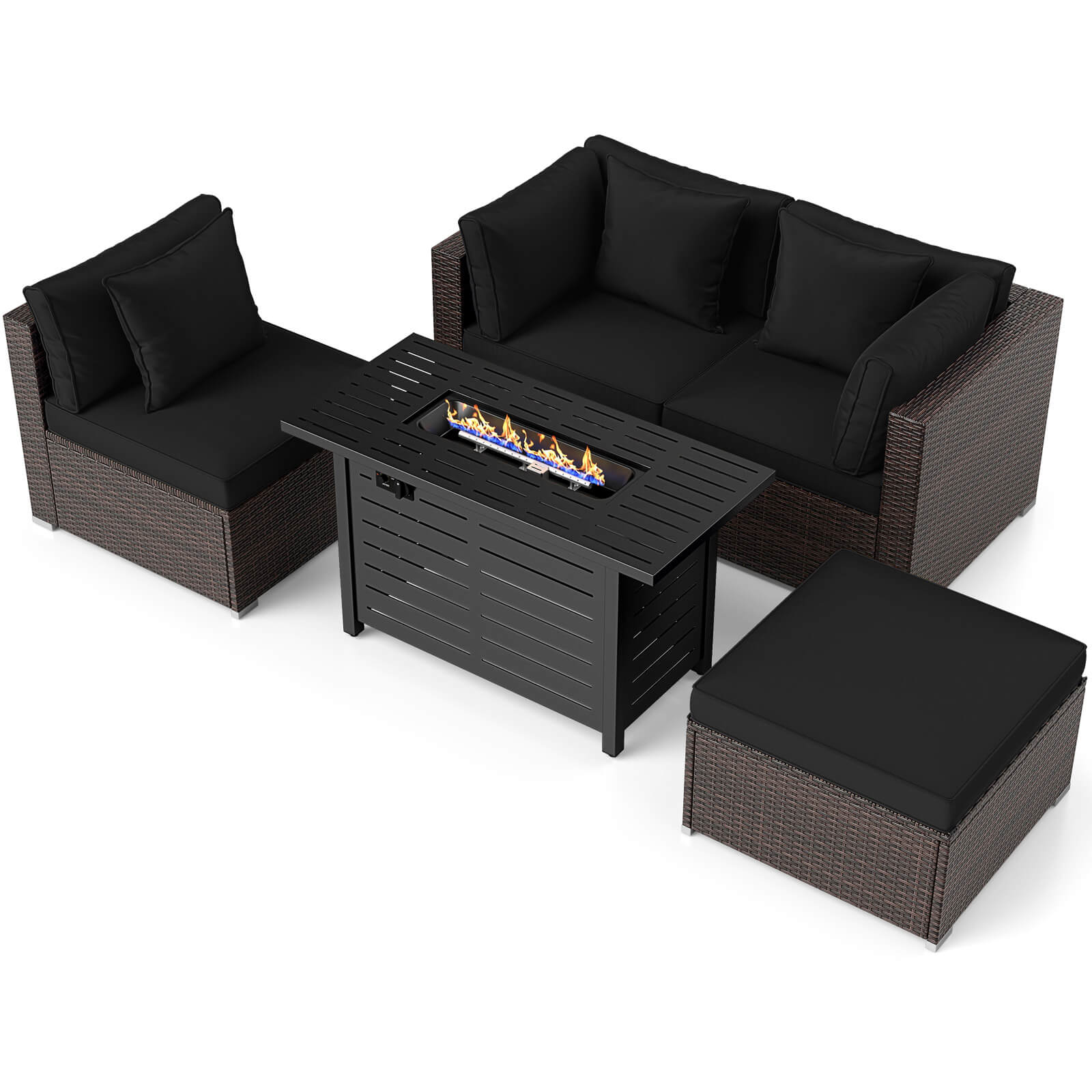 Costway 5 PCS Patio Furniture Set Heavy-duty Frame Rattan Sofa Set with 60000 BTU Firepit Table Black - Image 11