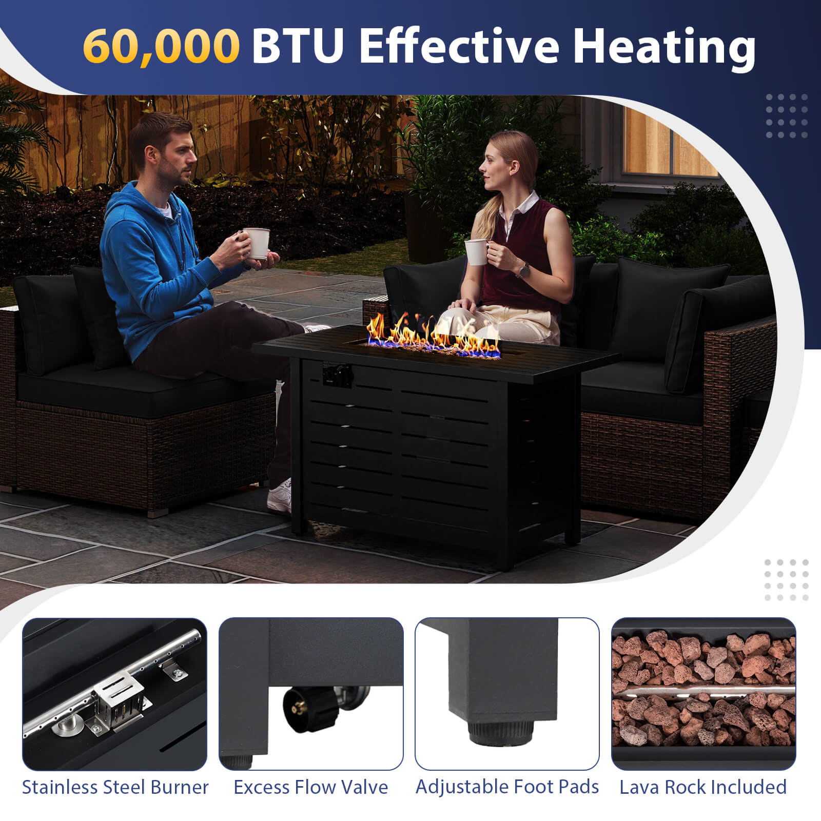 Costway 5 PCS Patio Furniture Set Heavy-duty Frame Rattan Sofa Set with 60000 BTU Firepit Table Black - Image 8