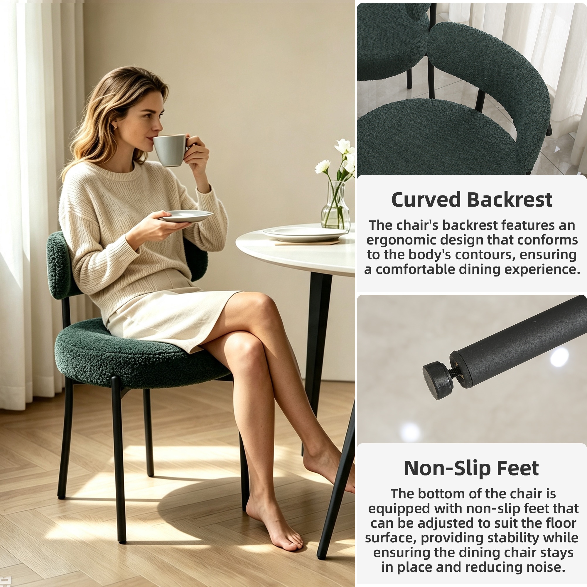 DYHOME Kitchen Chairs Modern Dining Chairs Set of 2 Kitchen Dining Room Chairs Boucle Upholstered Dining Chair Green - Image 3