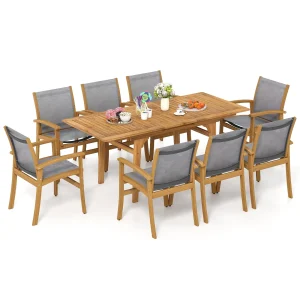 Tangkula 9 Pieces Acacia Wood Patio Dining Set for 6-8