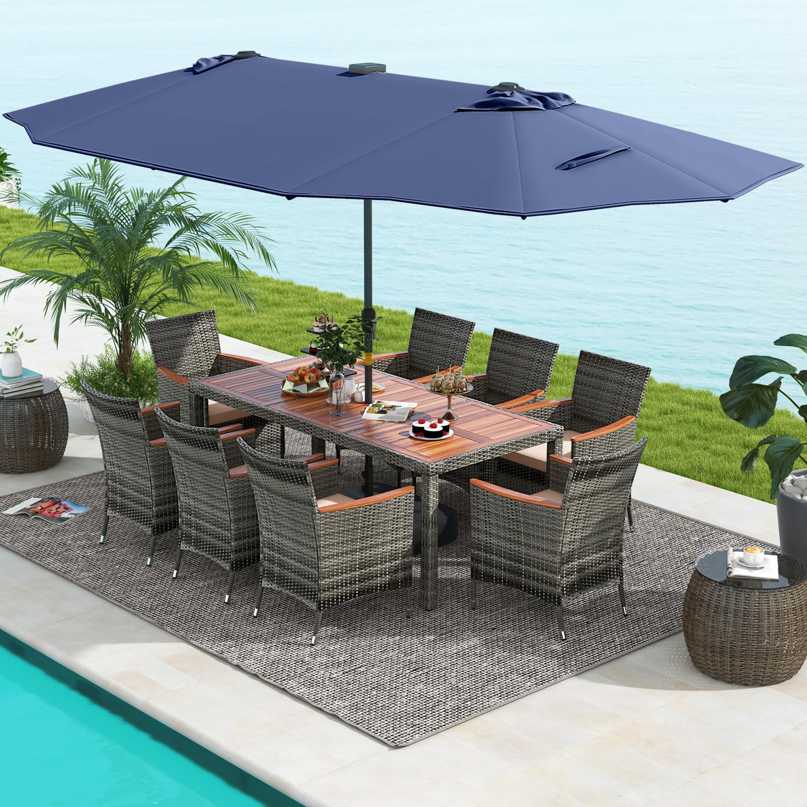 Tangkula 11 Pieces Patio Dining Set with 15 ft Double-Sided Patio LED Umbrella (Base Included) - Image 2