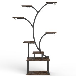 Vecelo Plant Stand Indoor with Grow Light Tree Shaped Metal Wood Plant Shelf 62-in H