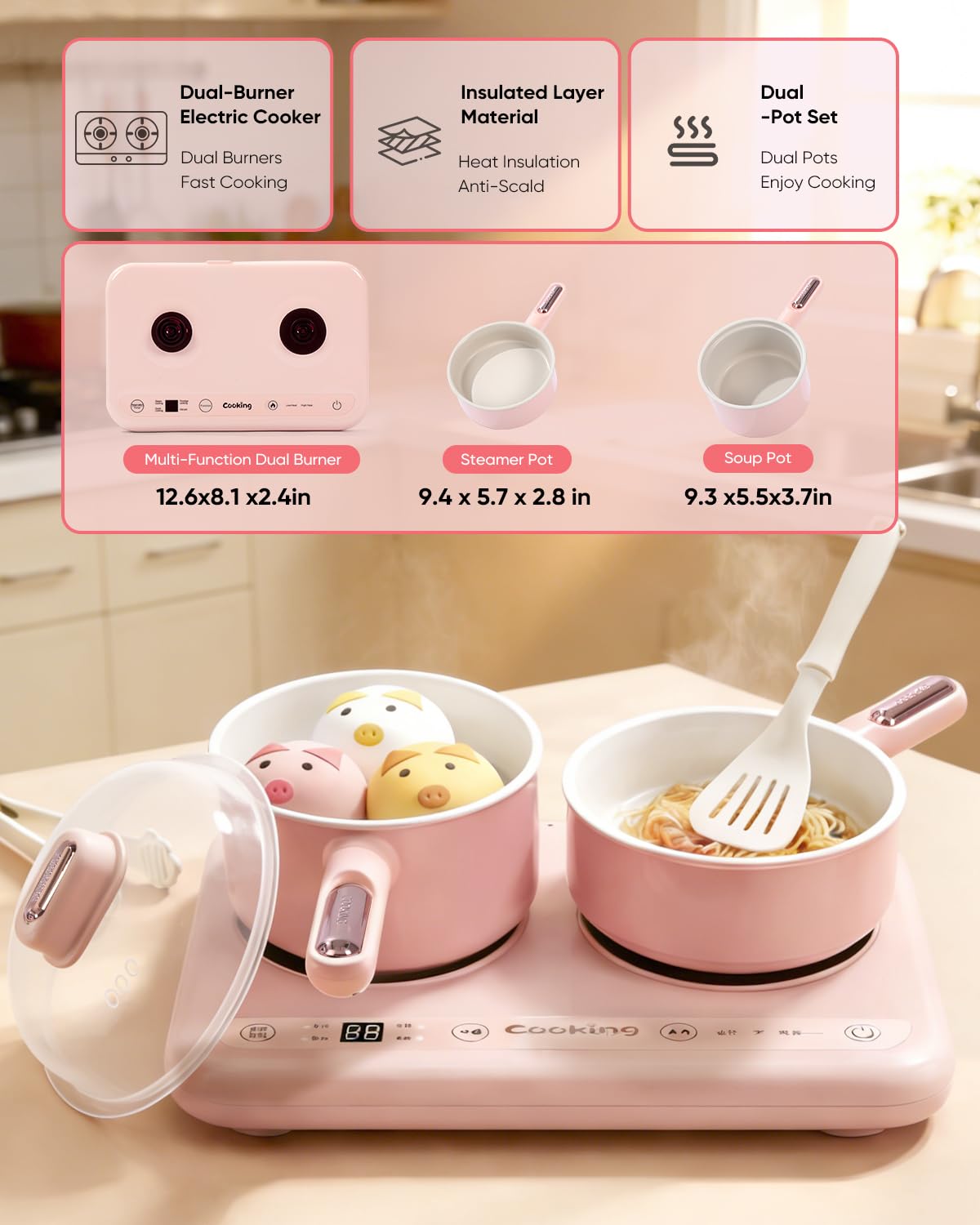 Real Cooking Set with 110V Dual Burner, Mini Kitchen Set (Pink) Operate Each Burner Separately or Together to Steam, Boil and Heat Two Dishes at Once - Image 4