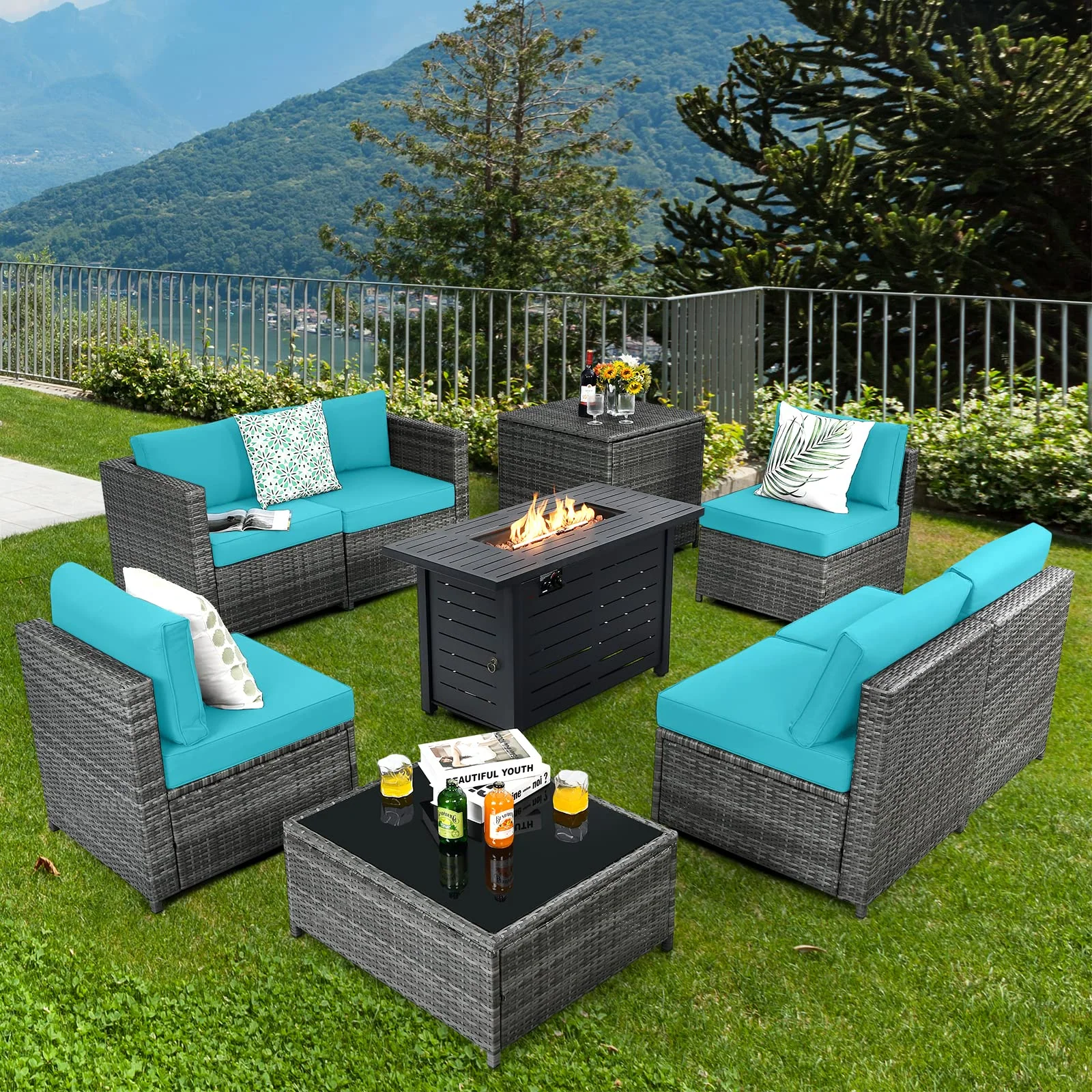 Tangkula 9 Pieces Patio Rattan Furniture Set, Patiojoy Sectional Sofa Set w/Storage Box, Coffee Table, Outdoor Wicker Conversation Set - Image 2