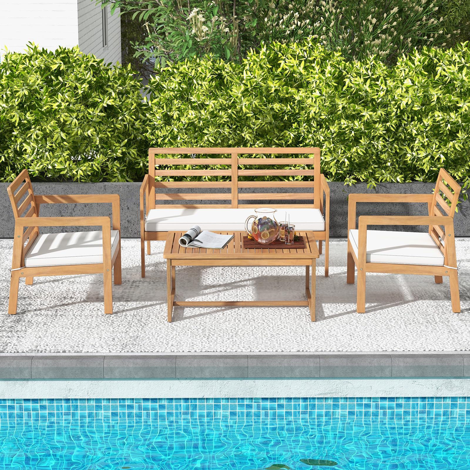 Tangkula 4 Piece Wood Patio Conversation Set, Patio Furniture Set w/Seat Cushions - Image 2