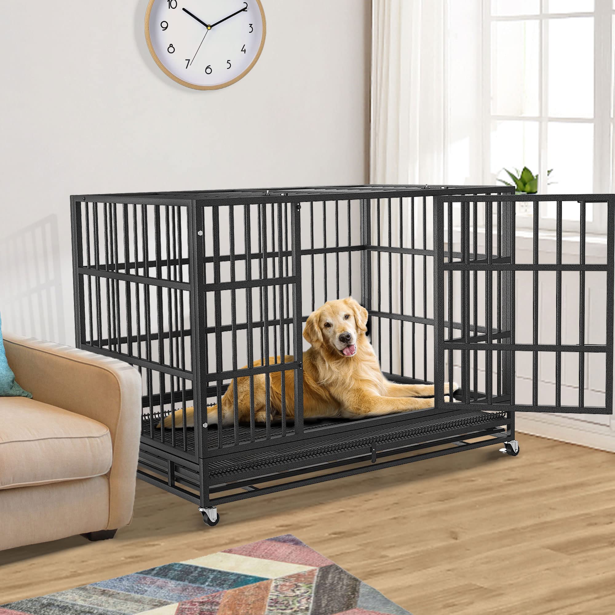 BOLDBONE 48 inch Heavy Duty Indestructible and Escape-Proof Dog Crate Cage Kennel for Large Dogs, High Anxiety Dog Crate with Removable Wire Trays and Wheels, Extra Large XL XXL, Black - Image 2