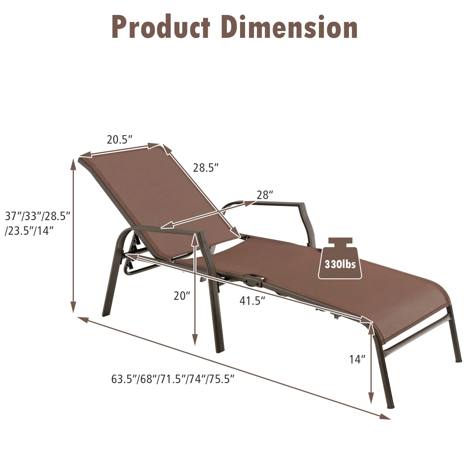 Tangkula 2 Piece Patio Adjustable Folding Stackable Chaise Lounge W/ 5-Position Backrest (Brown) - Image 3