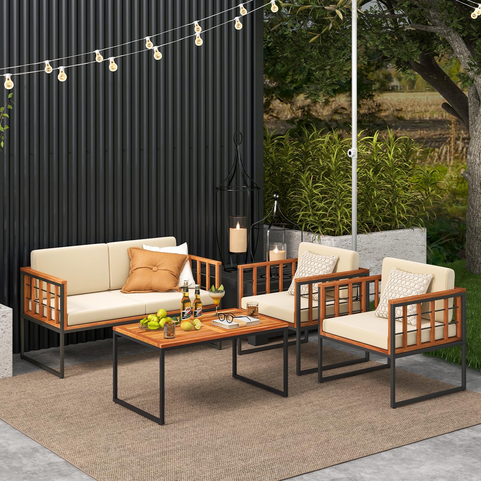 Tangkula Acacia Wood Outdoor Sofa Set, 4 Pieces Outdoor Furniture Set with Heavy Duty Metal Frame - Image 4