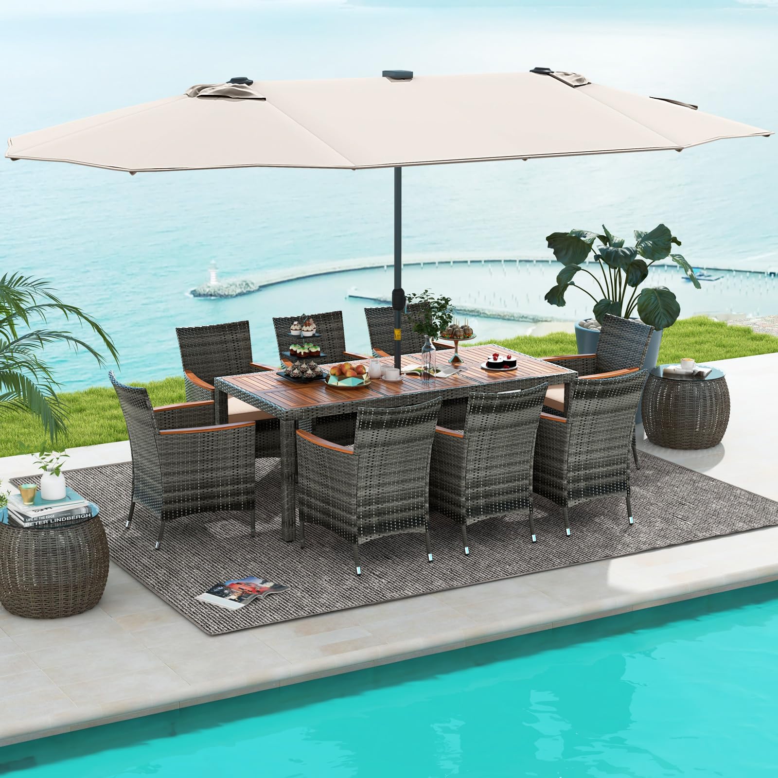 Tangkula 11 Pieces Patio Dining Set with 15 ft Double-Sided Patio LED Umbrella (Base Included) - Image 15
