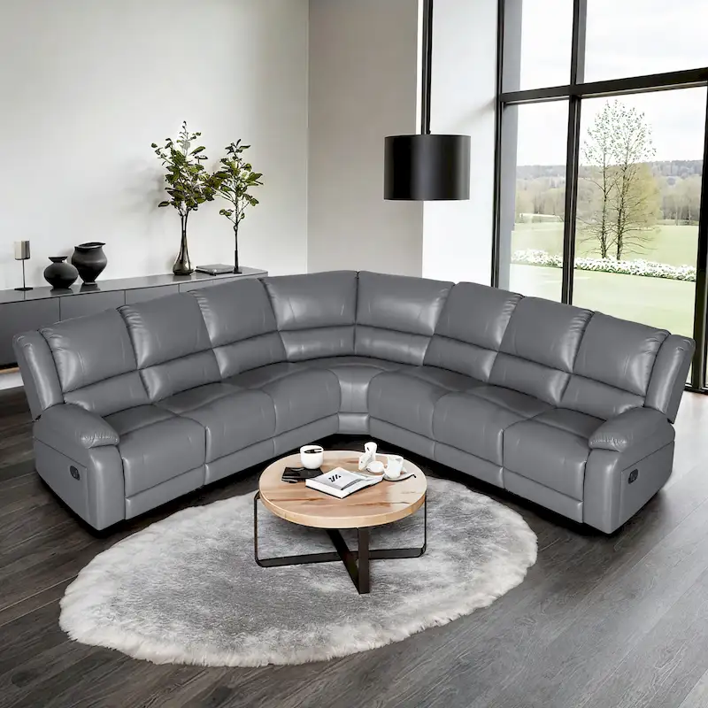 129W 7-Seat Faux Leather Manual Reclining Large Sectional Sofa - Image 2
