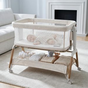 GROWNSY 5-in-1 Baby Bassinet Bedside Sleeper with Gentle Manual Rocking 6 Adjustable Heights, Full Breathable Mesh, Convertible to Portable Crib, Bassinets with Mattress & Wheels, Beige