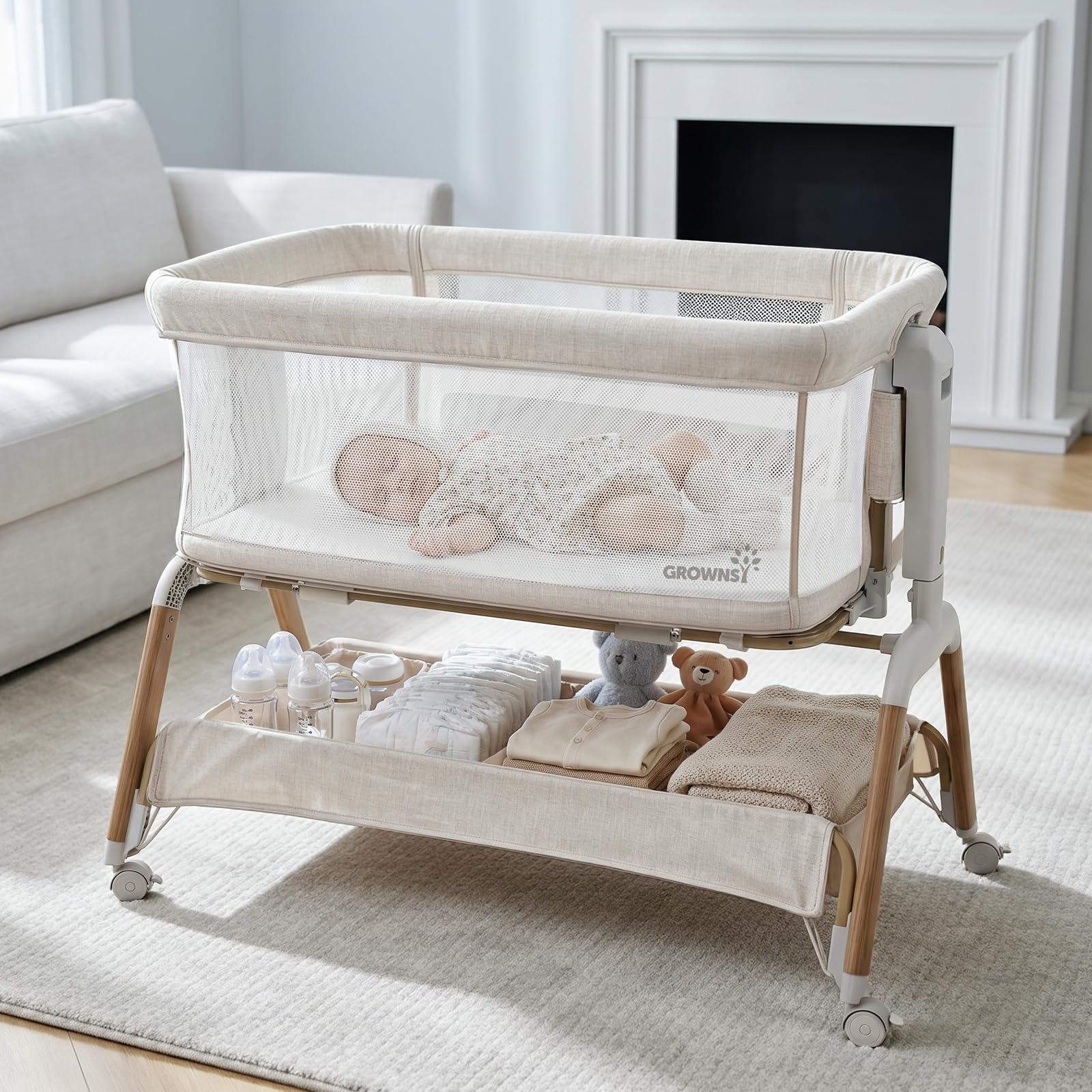 GROWNSY 5-in-1 Baby Bassinet Bedside Sleeper with Gentle Manual Rocking 6 Adjustable Heights, Full Breathable Mesh, Convertible to Portable Crib, Bassinets with Mattress & Wheels, Beige