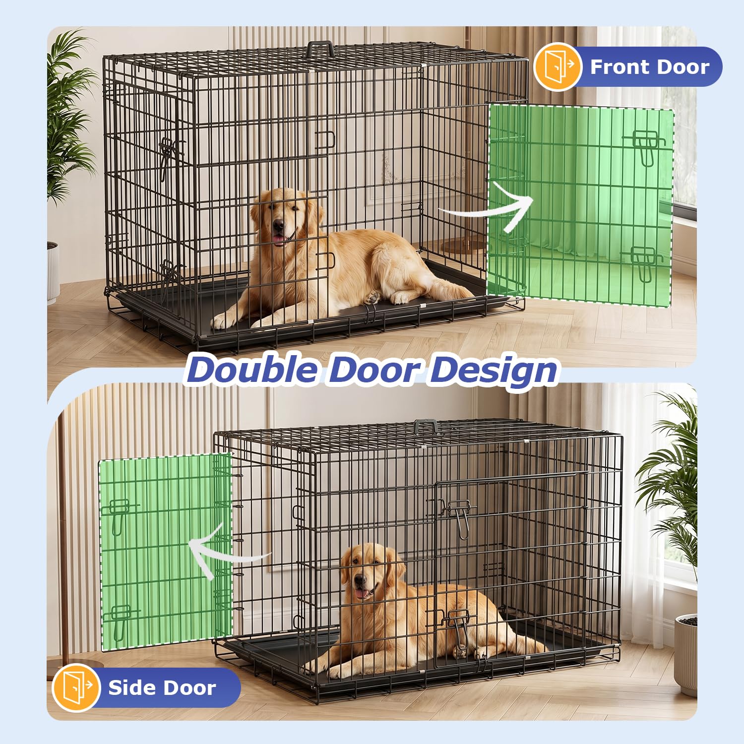 FDW | 48" Foldable Metal Dog Crate | Dark Black | Cage for XL Dogs Heavy Duty, Portable Wire Kennel with Double Door, Divider & Leak-Proof Tray | For Training, Home, Travel Indoor/Outdoor Use - Image 4