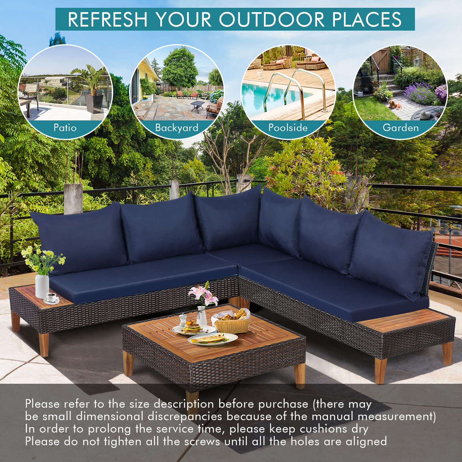 4 Pieces Acacia Wood Patio Conversation Set, Sofa Set with Coffee Table, Corner Sofa & 2 Loveseats - Image 8