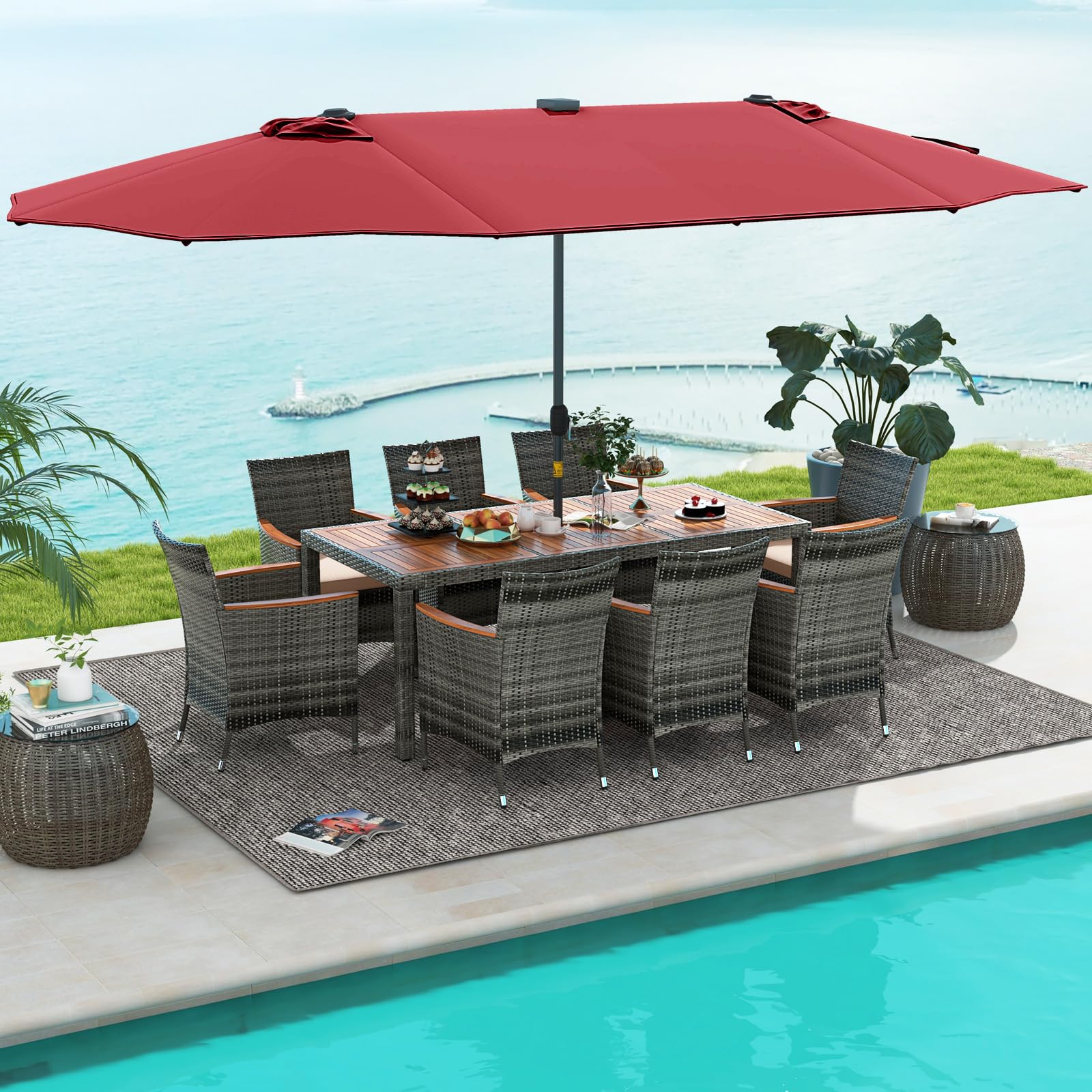 Tangkula 11 Pieces Patio Dining Set with 15 ft Double-Sided Patio LED Umbrella (Base Included) - Image 13