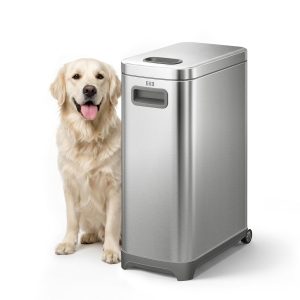 EKO 45 lb Airtight Dog Food Storage Container, Stainless Steel Pet Food Container for Kibble, Cat Food & Bird Seed, Lockable Lid, Magnetic Scoop, BPA-Free Inner Bucket, Wheels