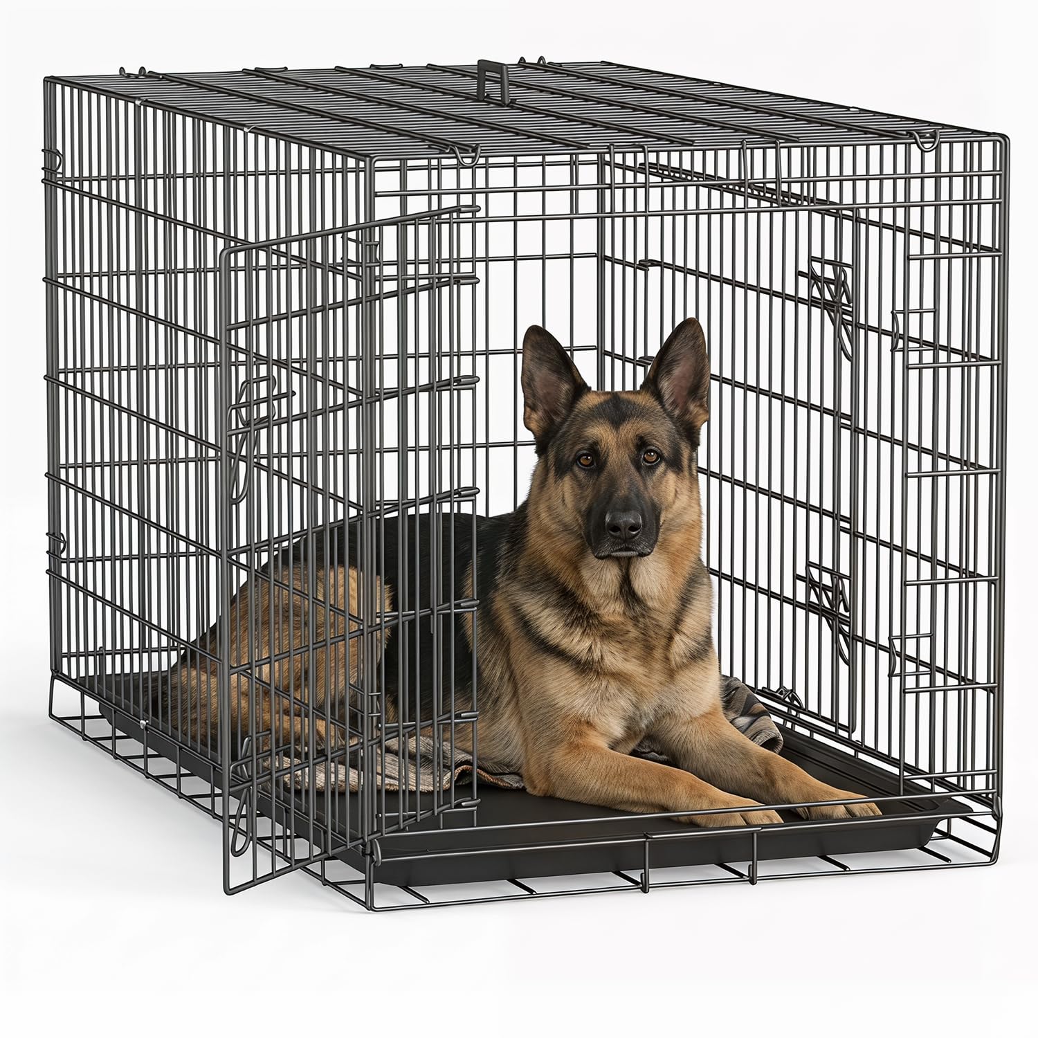 FDW | 48" Foldable Metal Dog Crate | Dark Black | Cage for XL Dogs Heavy Duty, Portable Wire Kennel with Double Door, Divider & Leak-Proof Tray | For Training, Home, Travel Indoor/Outdoor Use