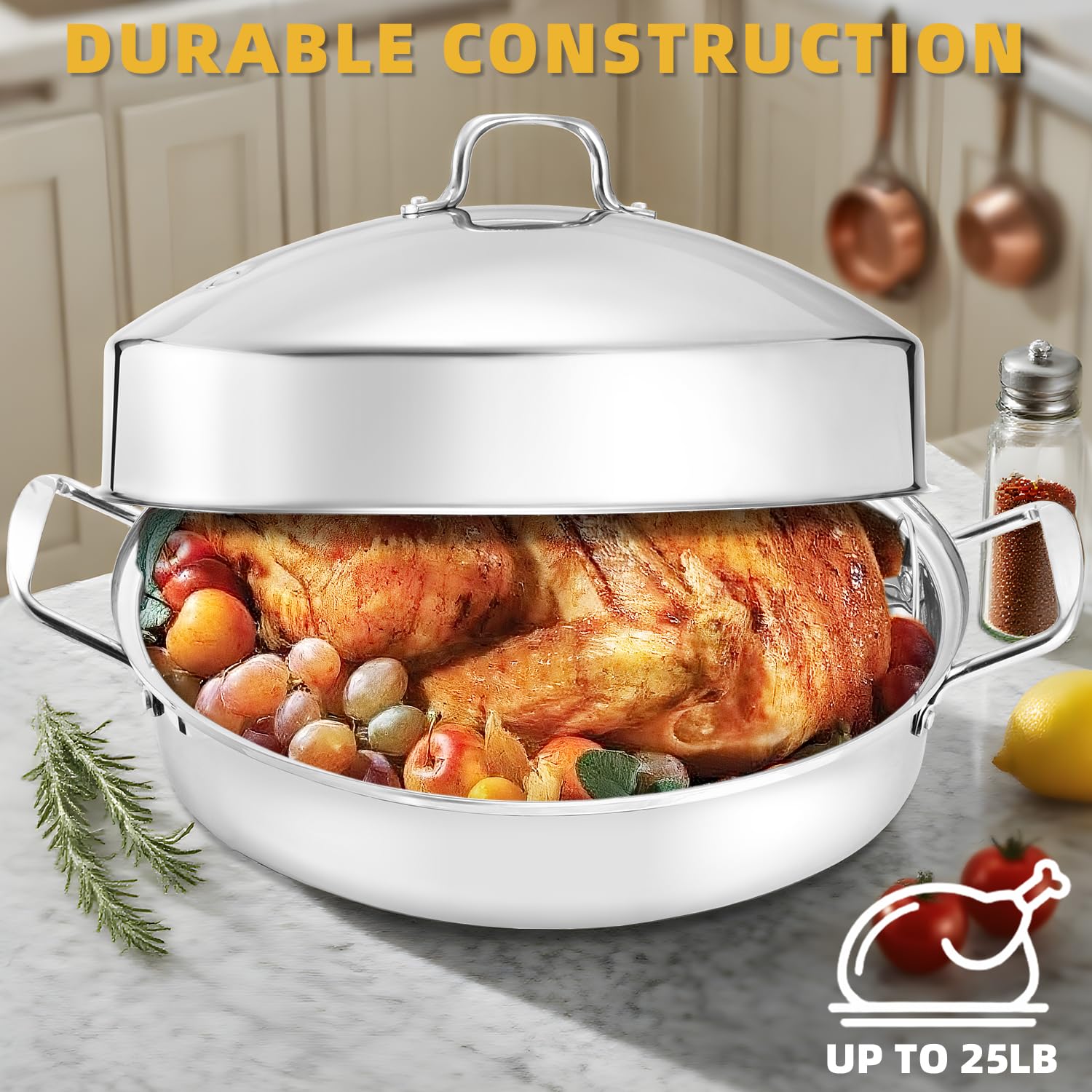 JY COOKMENT 22" Large Roasting Pan with Rack and Lid,Oval Turkey Roaster Pan for oven,Stainless Steel Roasting Pan with rack,Best Gift for Mother or Father. - Image 4
