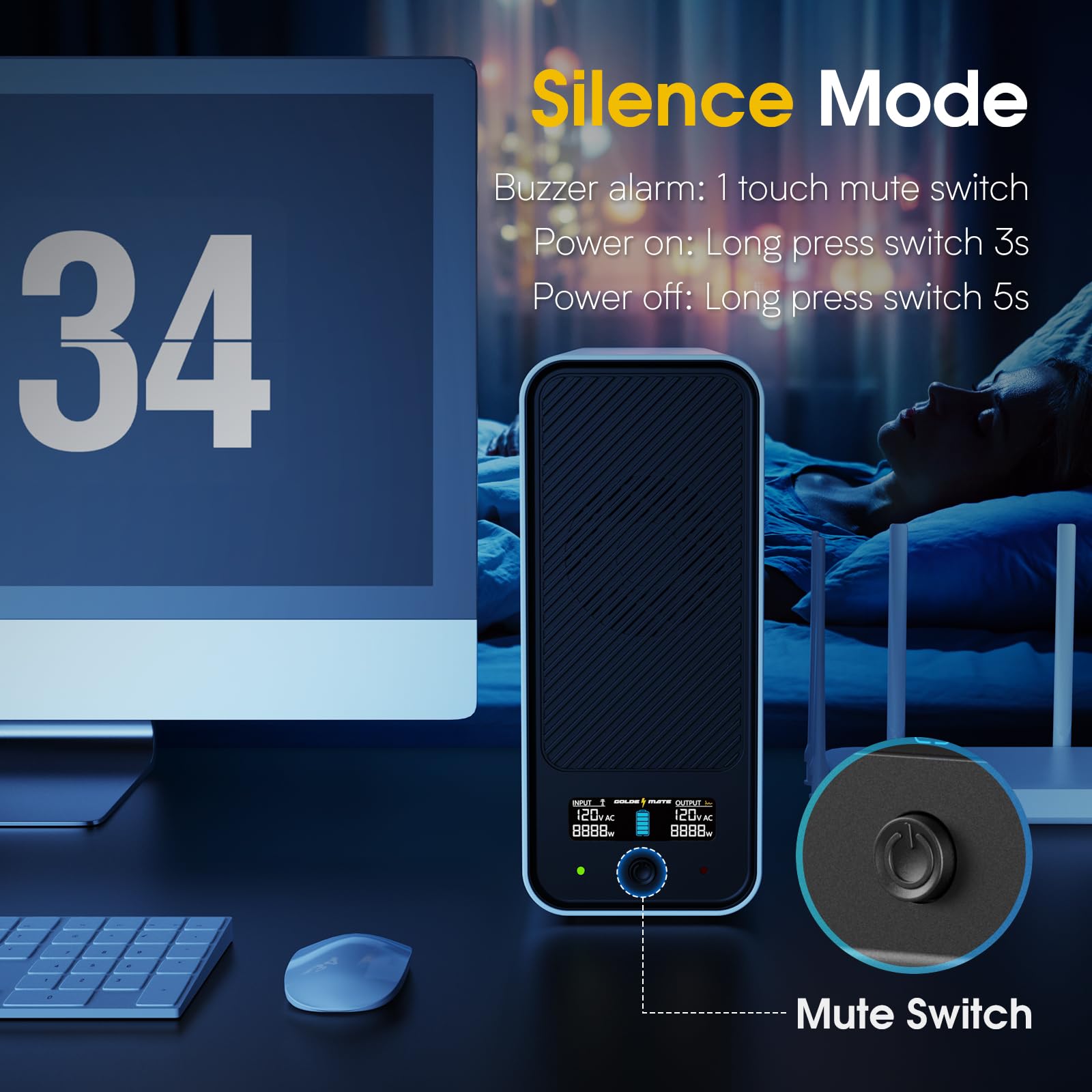 GOLDENMATE 1000VA/800W Lithium UPS Battery Backup & Surge Protector, White Pure Sine Wave, 8 Outlets, Color LCD, 230Wh LiFePO4 Backup Battery, Uninterruptible Power Supply for PC/Internet/Home Office - Image 4
