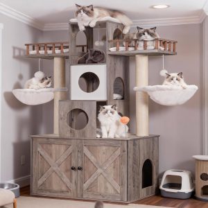 Heybly Cat Tree with Litter Box Enclosure for Indoor Big Cat HCT110SG Cat Tower for Large Cats 20 lbs Heavy Duty, Modern Cat Condo Furniture with Scratching Posts, Rustic Gray Product gallery