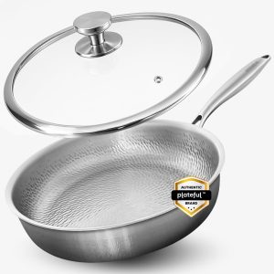 Plateful Titanium Pans For Cooking 12 Inch, No Coating Nonstick, with Lid Pure uncoated titanium frying pan, surface sears to 750F, PFOA/PFAS/PTFE Free Fajita, works on induction and all cooktops.