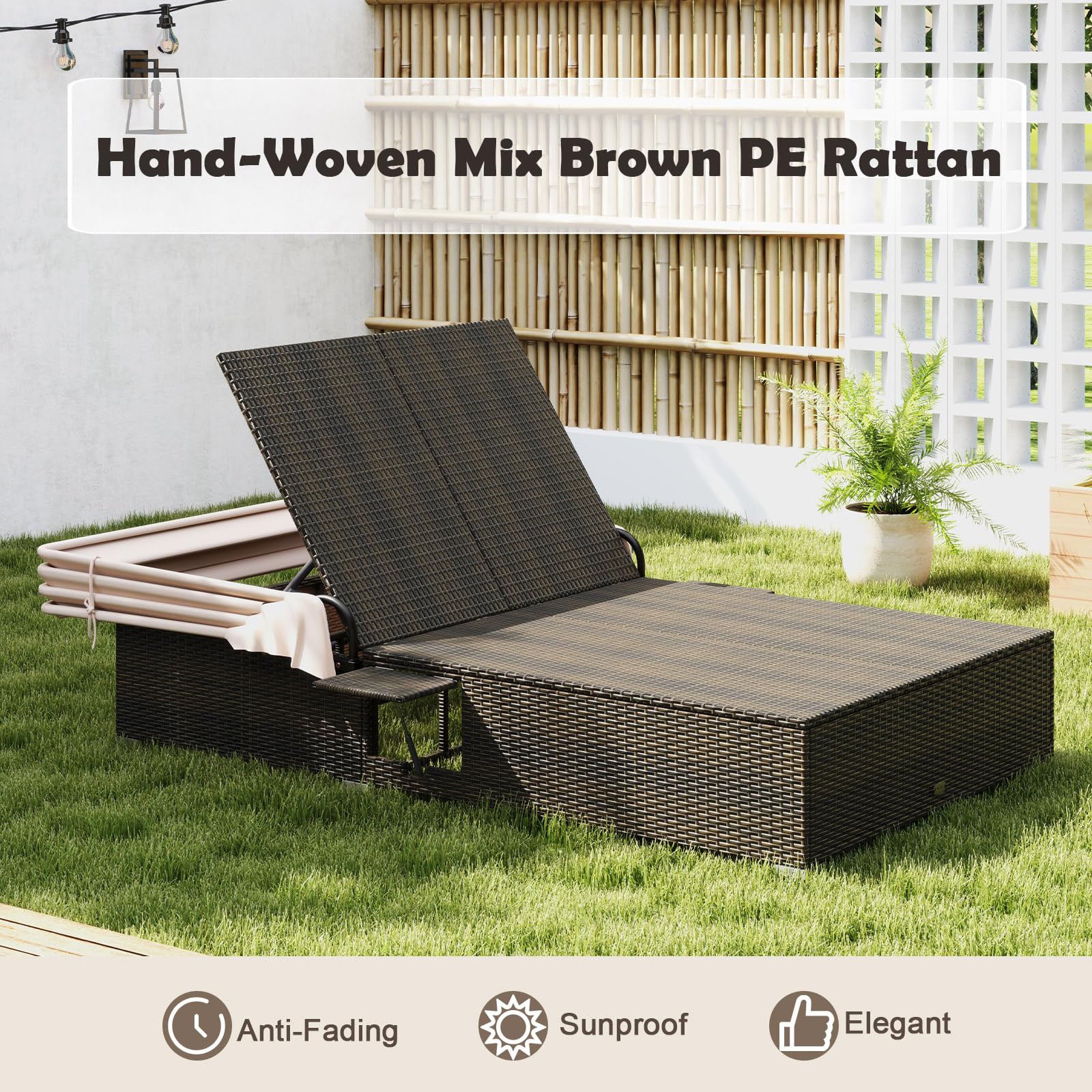 Tangkula Patio Double Chaise Lounge with Shade, Patiojoy 6-Level Adjustable Wicker Recliner Bed - Image 6