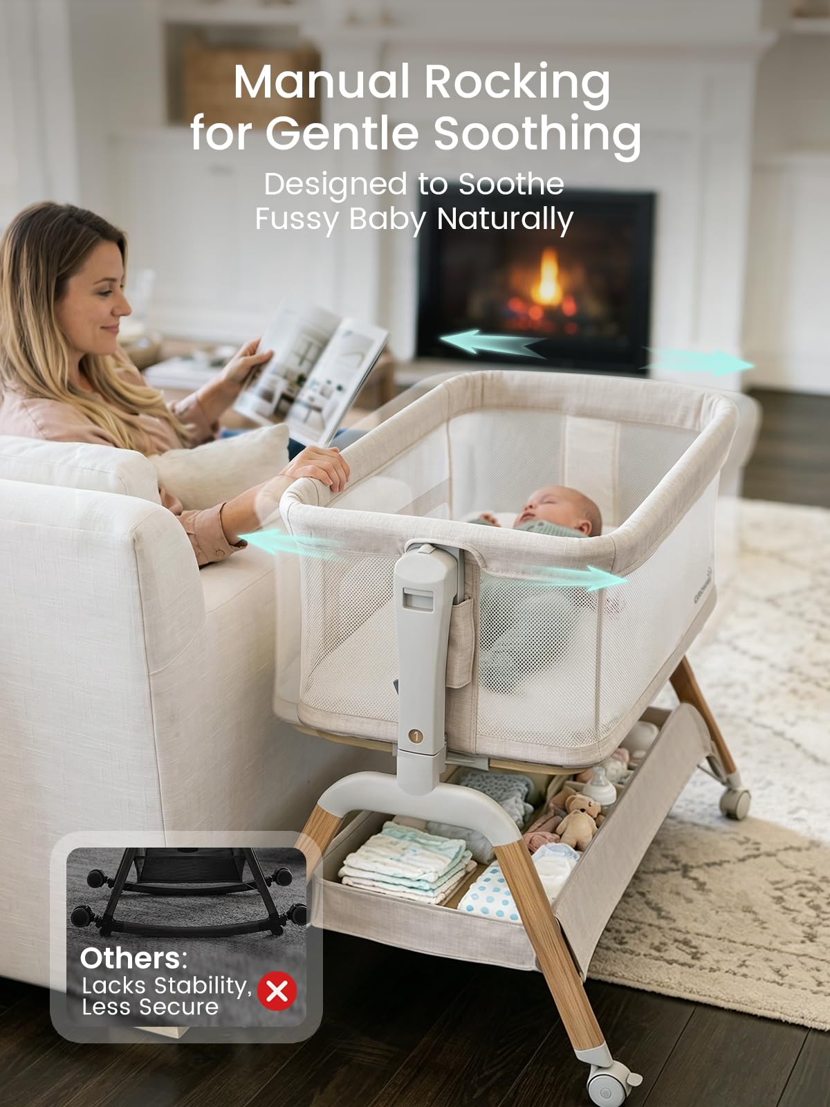 GROWNSY 5-in-1 Baby Bassinet Bedside Sleeper with Gentle Manual Rocking 6 Adjustable Heights, Full Breathable Mesh, Convertible to Portable Crib, Bassinets with Mattress & Wheels, Beige - Image 3