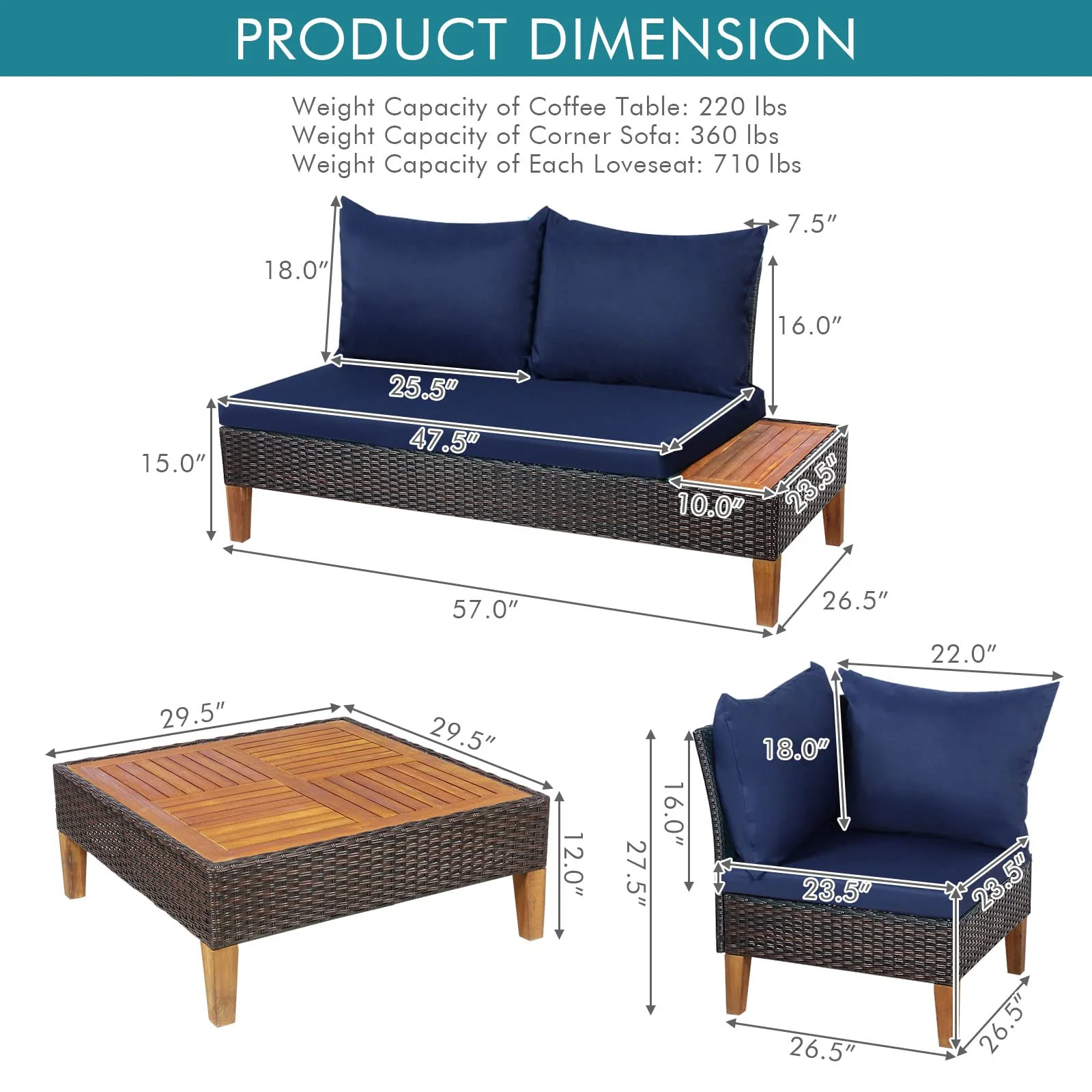4 Pieces Acacia Wood Patio Conversation Set, Sofa Set with Coffee Table, Corner Sofa & 2 Loveseats - Image 5