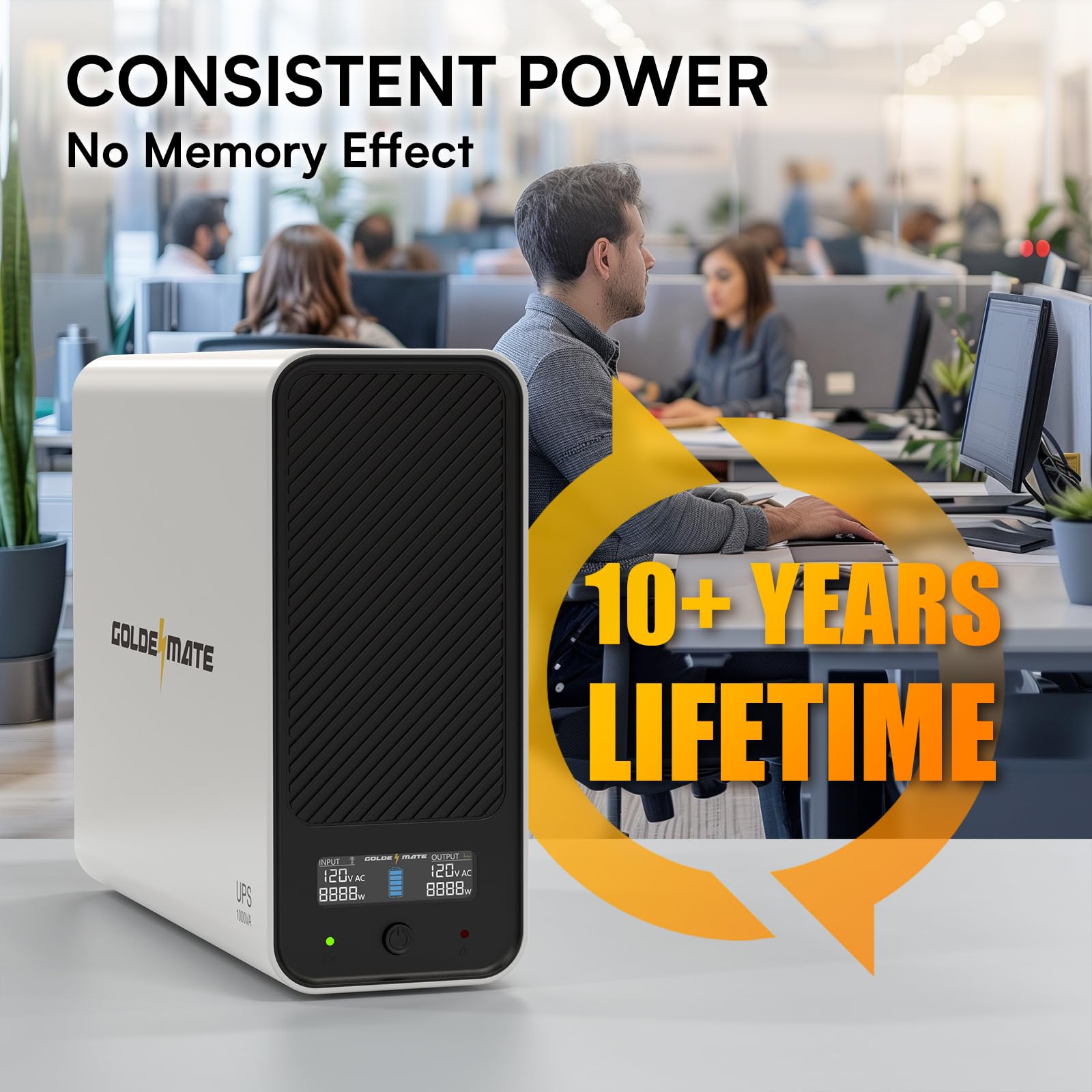 GOLDENMATE 1000VA/800W Lithium UPS Battery Backup & Surge Protector, White Pure Sine Wave, 8 Outlets, Color LCD, 230Wh LiFePO4 Backup Battery, Uninterruptible Power Supply for PC/Internet/Home Office - Image 2