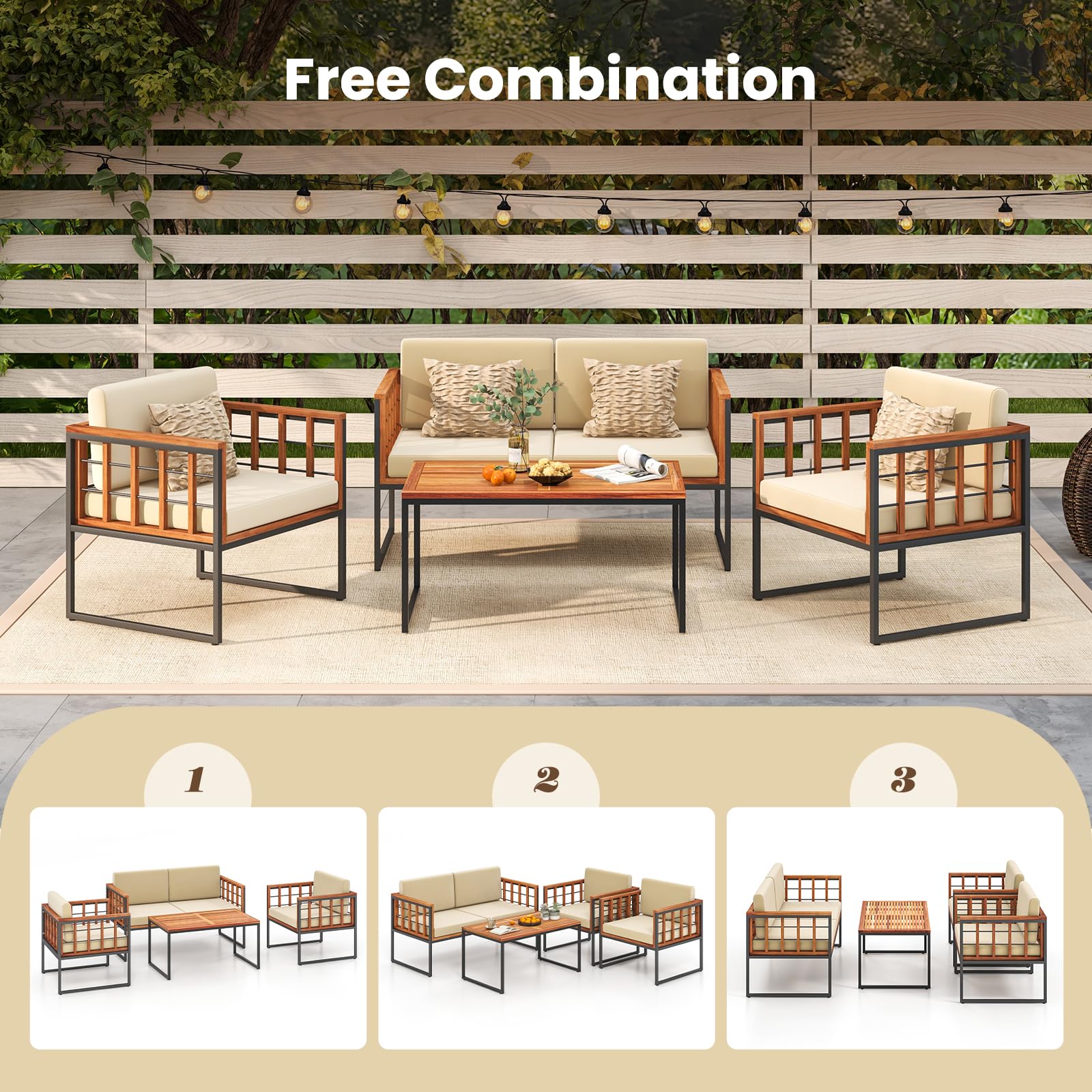 Tangkula Acacia Wood Outdoor Sofa Set, 4 Pieces Outdoor Furniture Set with Heavy Duty Metal Frame - Image 8