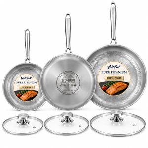 8+10+12" Titanium Pans for Cooking with Lids, Pure Titanium Frying Pan Pro Food-grade titanium; naturally non-toxic; no PTFE/PFOA/PFAS coating; induction ready, dishwasher safe, oven safe to 1000&deg;F
