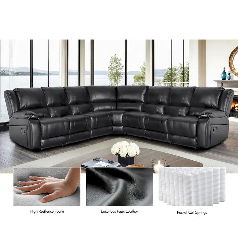 129W 7-Seat Faux Leather Manual Reclining Large Sectional Sofa - Image 11